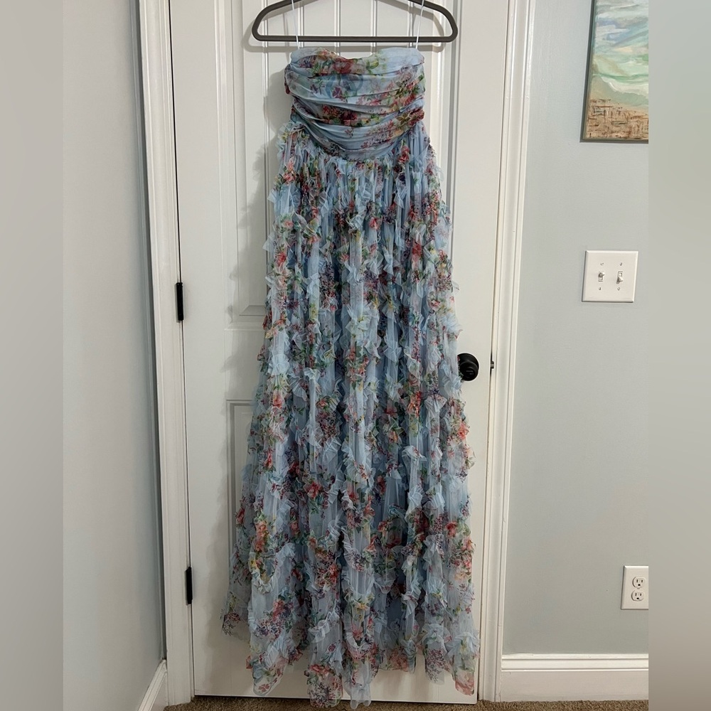 Faeriesty Strapless Light Baby Blue Floral Mesh Ruffle Dress Size Medium